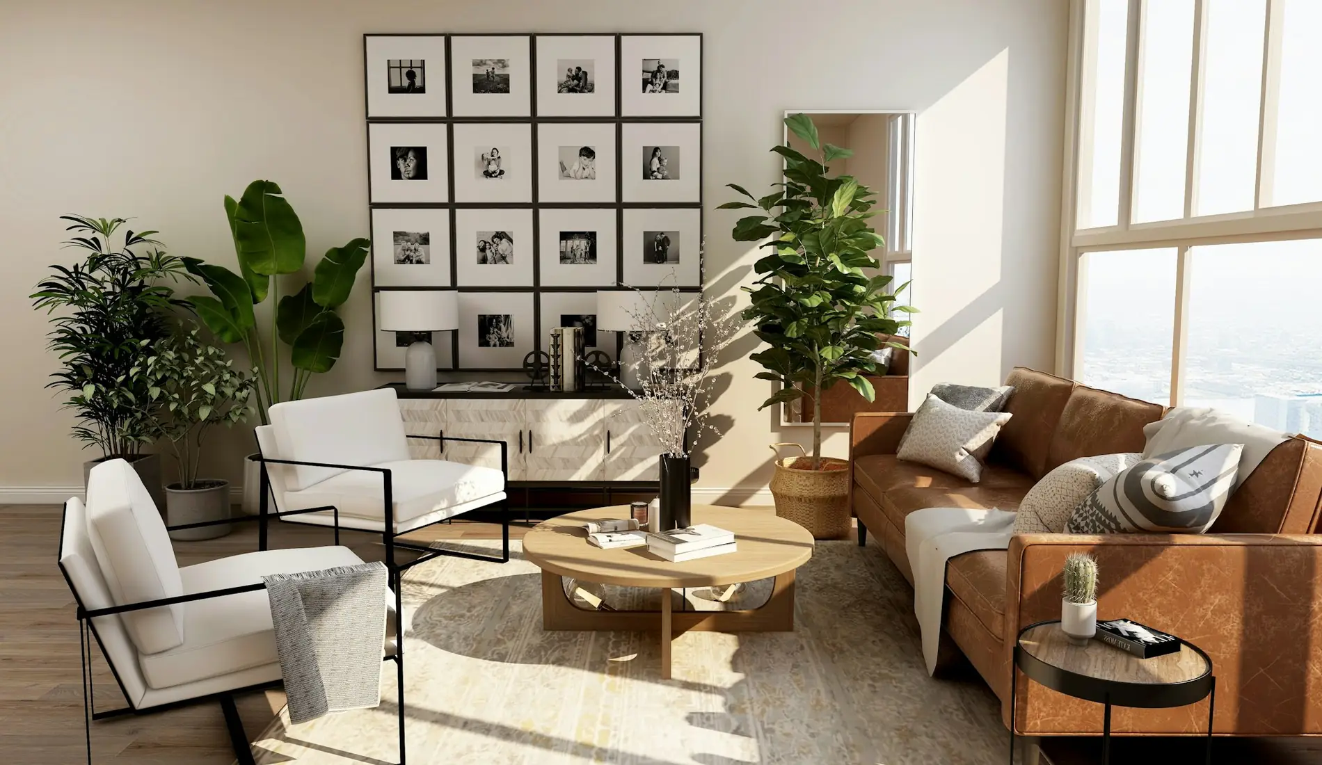 A calm, well-kept living room with morning light across the floor
